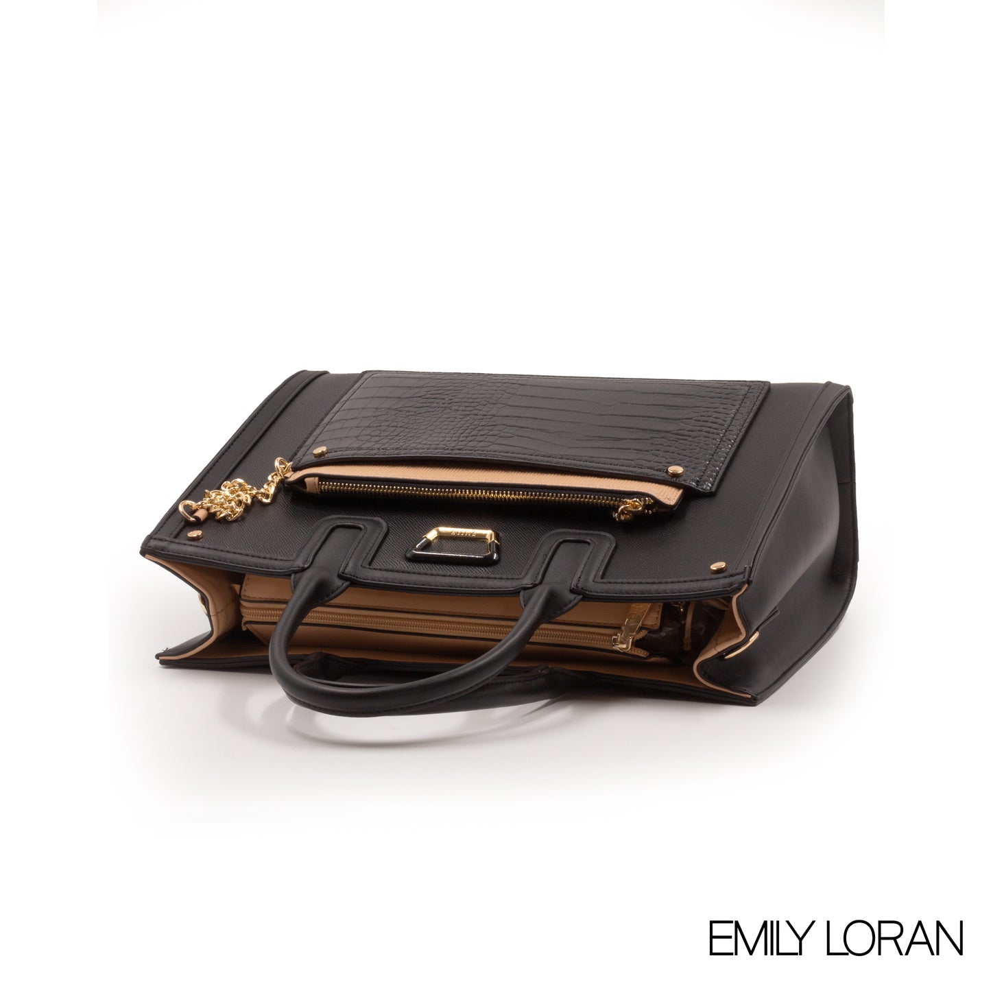 BLACK LEATHER EMILY LORAN HANDBAG WITH METAL CHAIN-LARGE