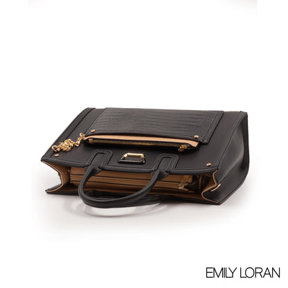 BLACK LEATHER EMILY LORAN HANDBAG WITH METAL CHAIN-LARGE