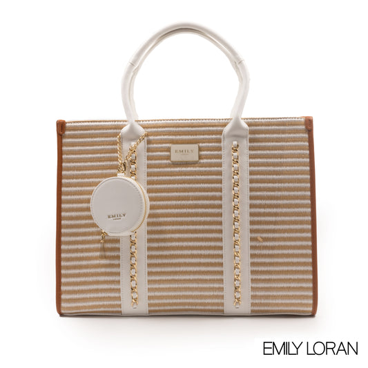 STRIPED STRAW EMILY LORAN HANDBAG WITH CHAIN DETAIL-LARGE
