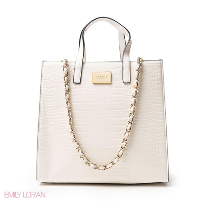 WHITE CROCODILE LEATHER HANDBAG WITH METAL CHAIN - LARGE