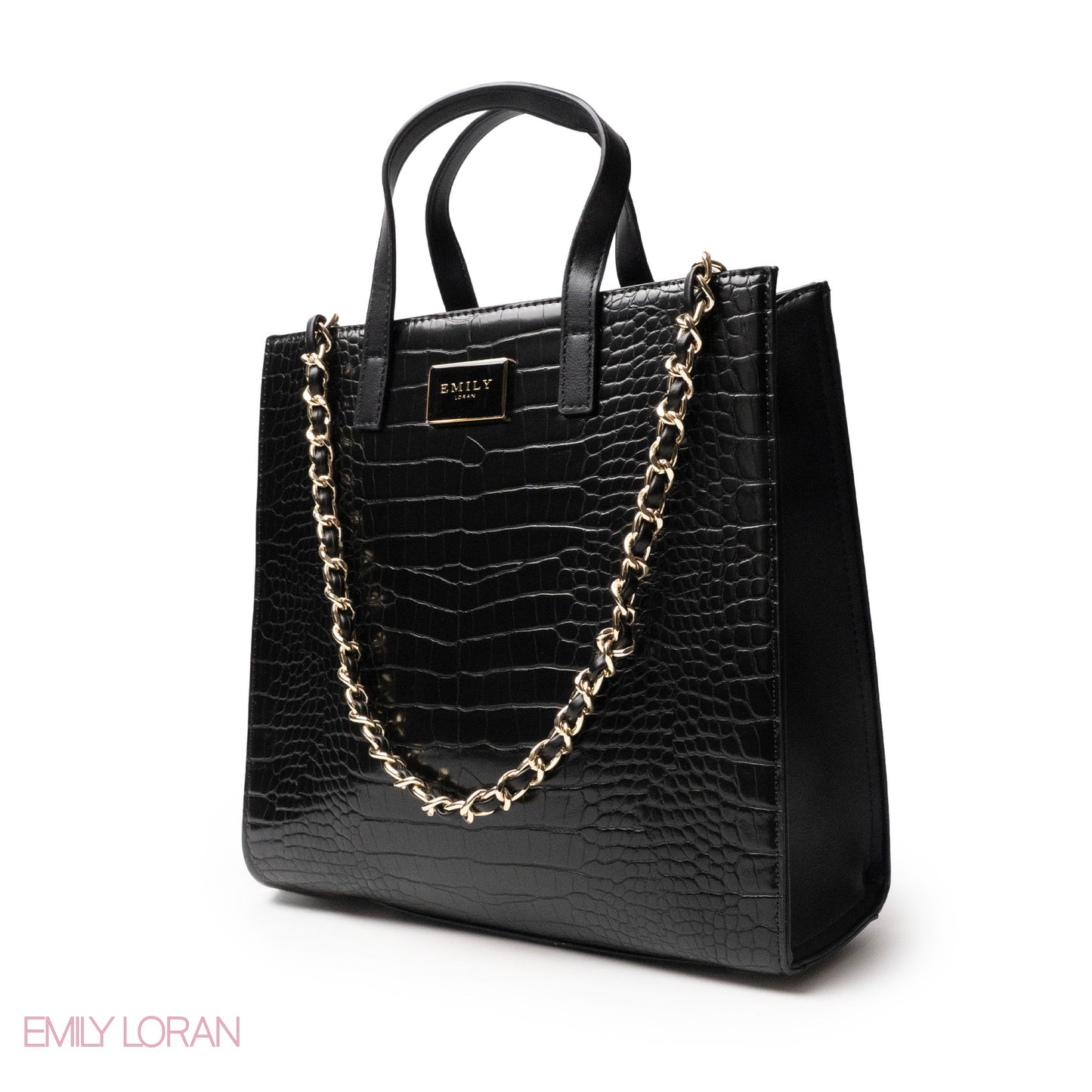 BLACK CROCODILE LEATHER HANDBAG WITH METAL CHAIN - LARGE