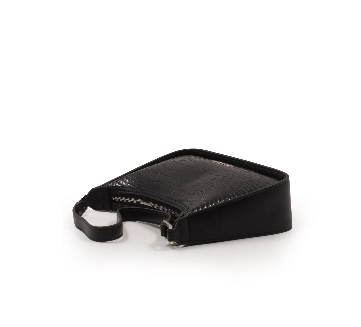 BLACK LEATHER HANDBAG WITH SMOOTH CROC DETAILS-SMALL
