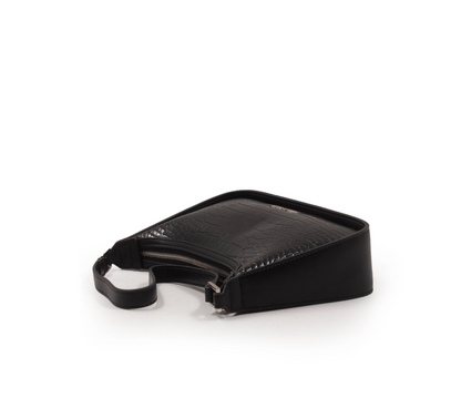 BLACK LEATHER HANDBAG WITH SMOOTH CROC DETAILS-SMALL