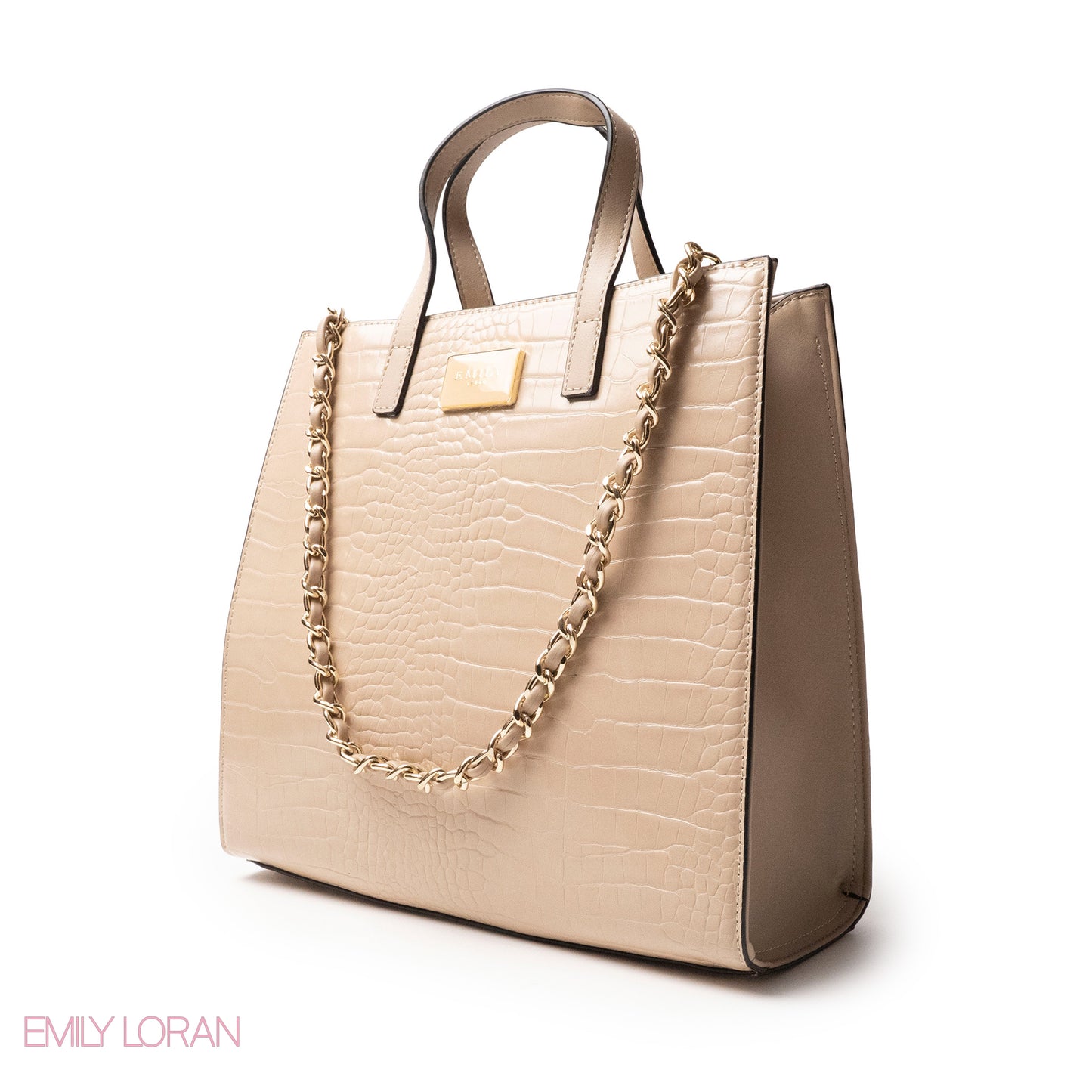 BEIGE CROCODILE LEATHER HANDBAG WITH METAL CHAIN - LARGE