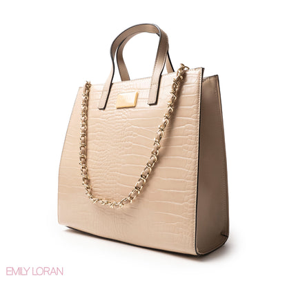 BEIGE CROCODILE LEATHER HANDBAG WITH METAL CHAIN - LARGE