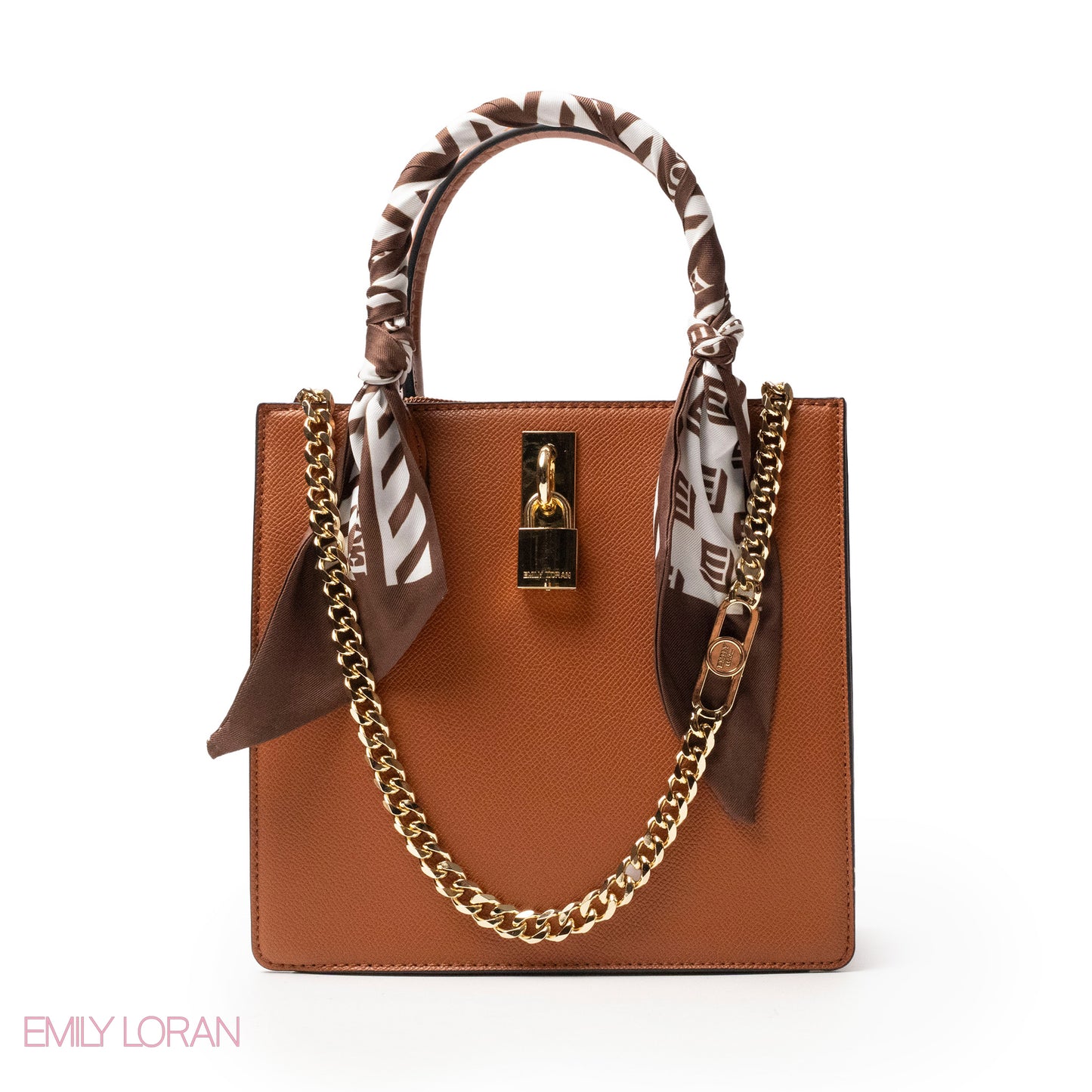 CAMEL LEATHER HANDBAG WITH SILKY SCARF, METAL CHAIN - MED