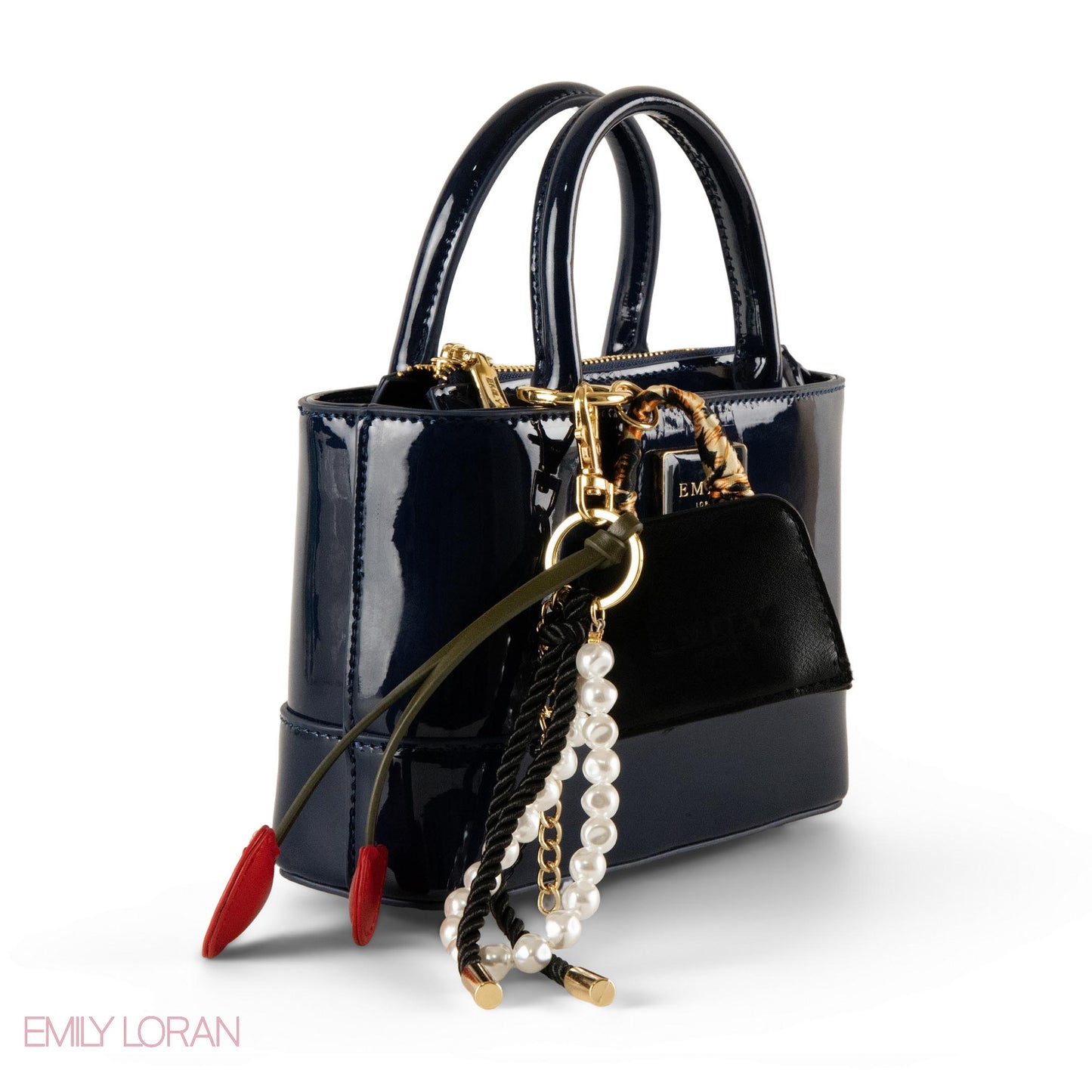 DARK BLUE GLOSSY LEATHER HANDBAG WITH ACCESSORIES- SMALL