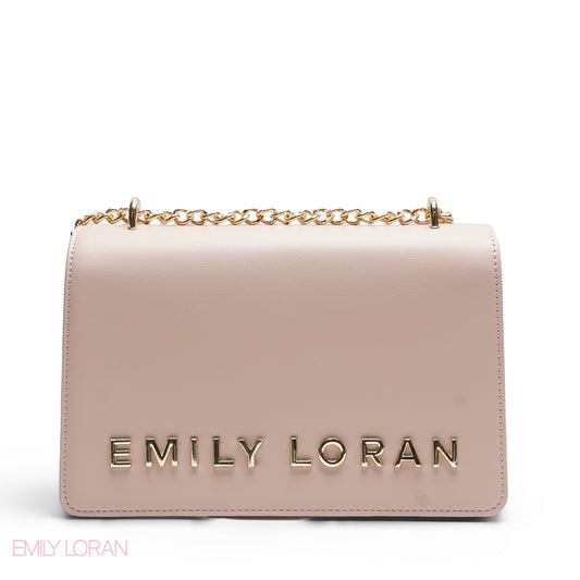 EMILY LORAN PINK METALLIC LOGO FLAP BAG