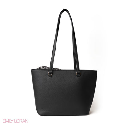 BLACK LEATHER SHOULDERS BAG WITH LOGO EMILY ACCENT, SCARF - LARGE