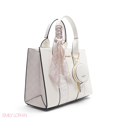 EMBOSSED LEATHER SCARF WHITE TOTE BAG - LARGE