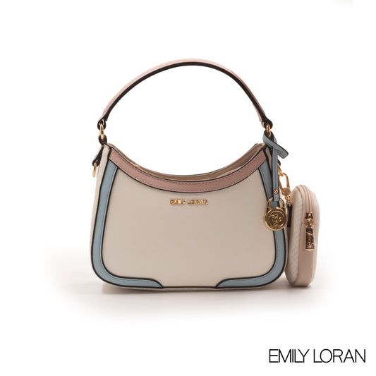 WHITE HANDBAG WITH LEATHER BLUE TRIM COLOR -SMALL