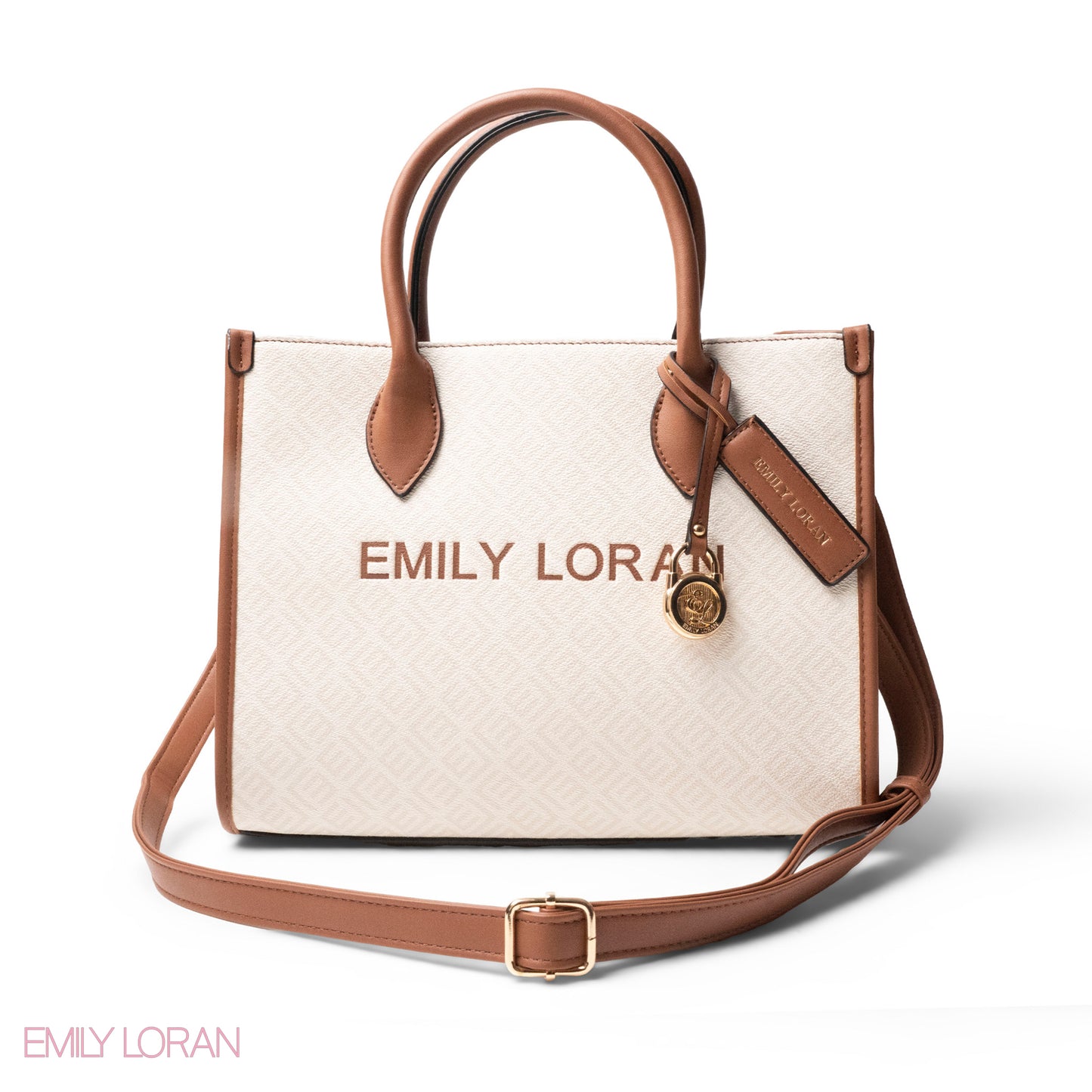EMILY LORAN LOGO EMBOSSED LEATHER HANDBAG WITH METAL CHAIN-LARGE