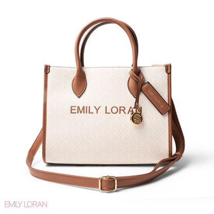 EMILY LORAN LOGO EMBOSSED LEATHER HANDBAG WITH METAL CHAIN-LARGE