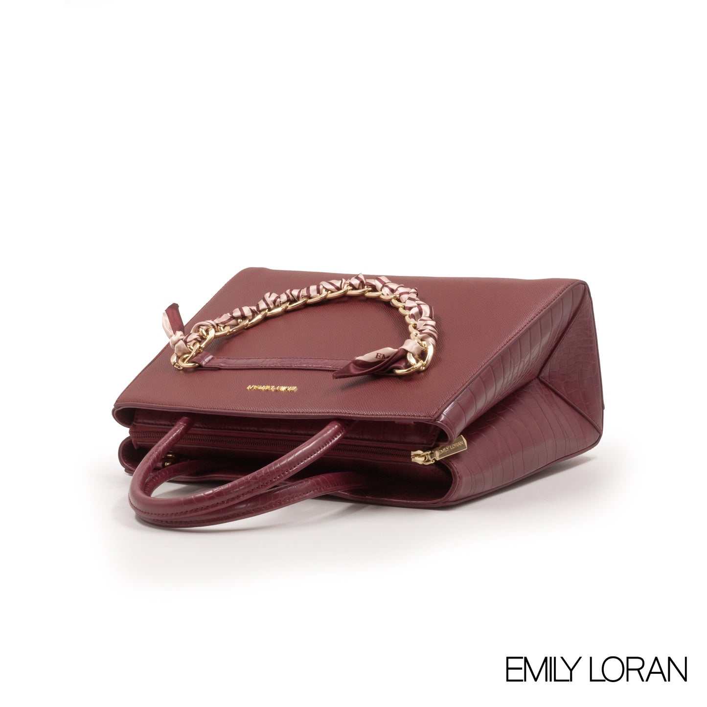 MAROON LEATHER HANDBAG WITH CHAIN DETAIL-MED