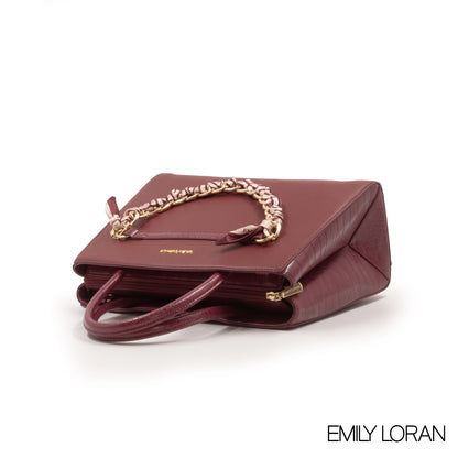 MAROON LEATHER HANDBAG WITH CHAIN DETAIL-MED