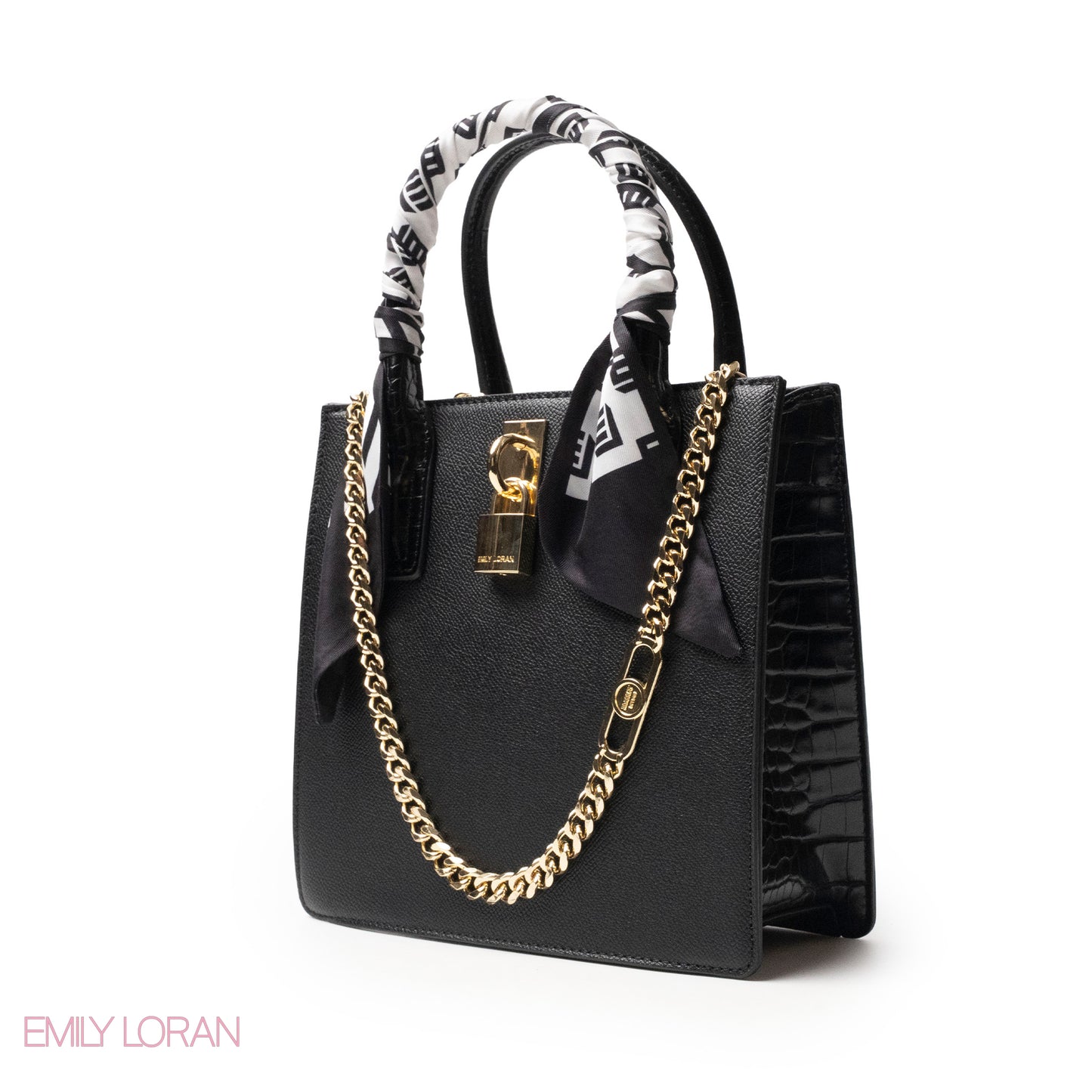 BLACK LEATHER HANDBAG WITH SILKY SCARF, METAL CHAIN - MED