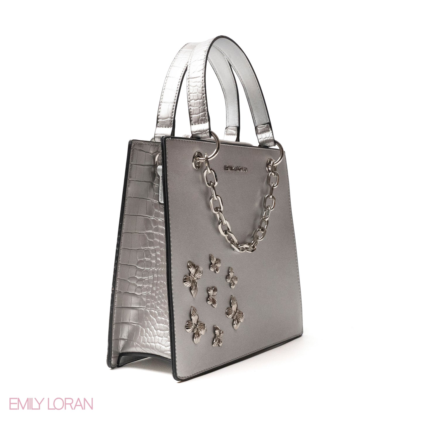 SILVER LEATHER HANDBAG WITH METAL CHAIN,BUTTERFLIES - MED