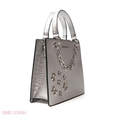 SILVER LEATHER HANDBAG WITH METAL CHAIN,BUTTERFLIES - MED