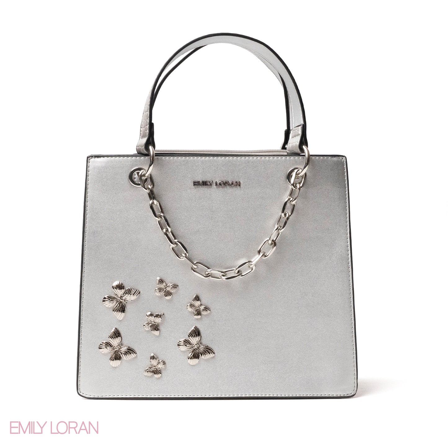SILVER LEATHER HANDBAG WITH METAL CHAIN,BUTTERFLIES - MED