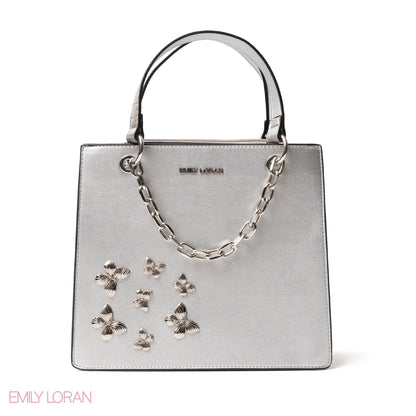 SILVER LEATHER HANDBAG WITH METAL CHAIN,BUTTERFLIES - MED