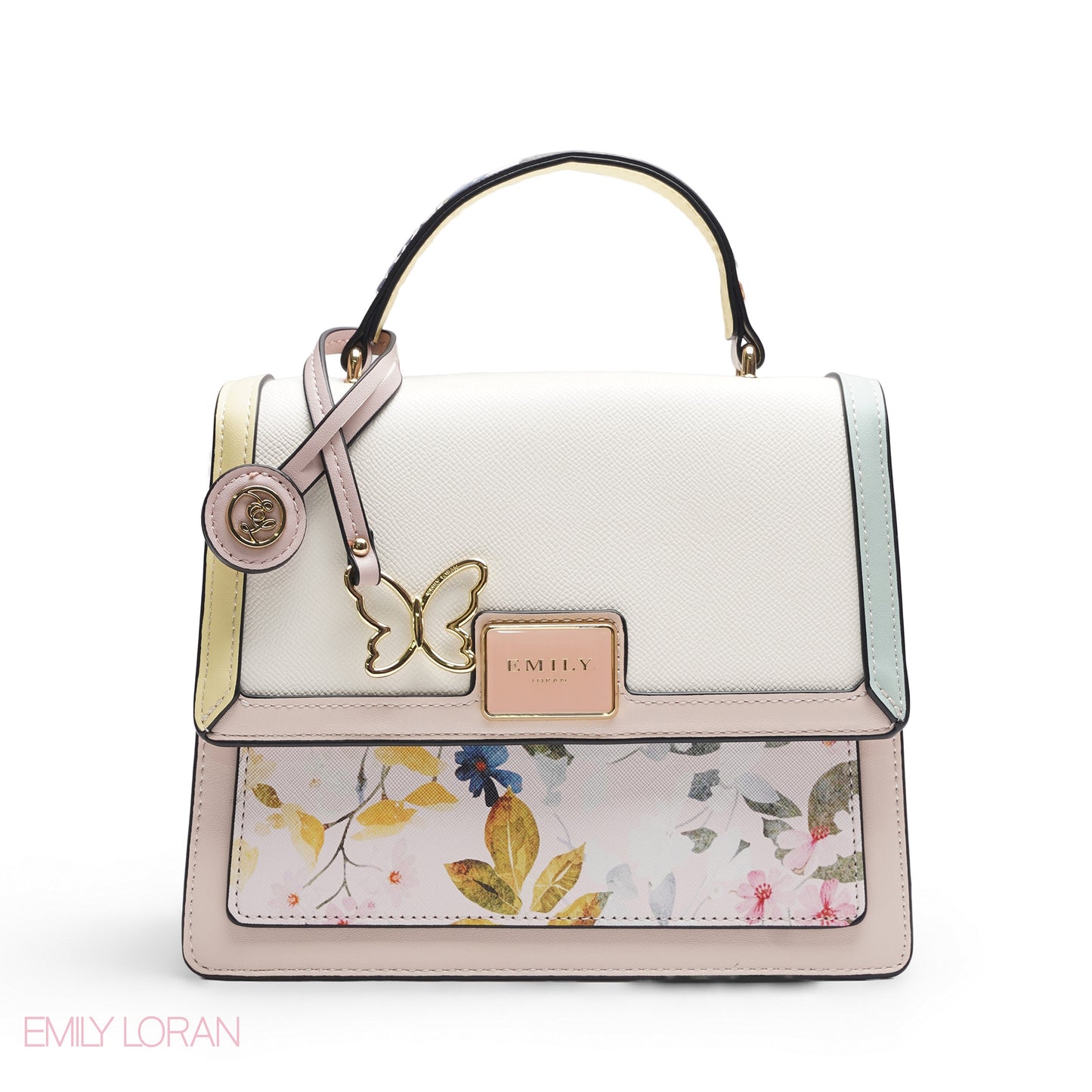 EMILY MULTI-COLOUR PASTEL FLORAL SATCHEL BAG WITH BUTTERFLY CHARM - MED