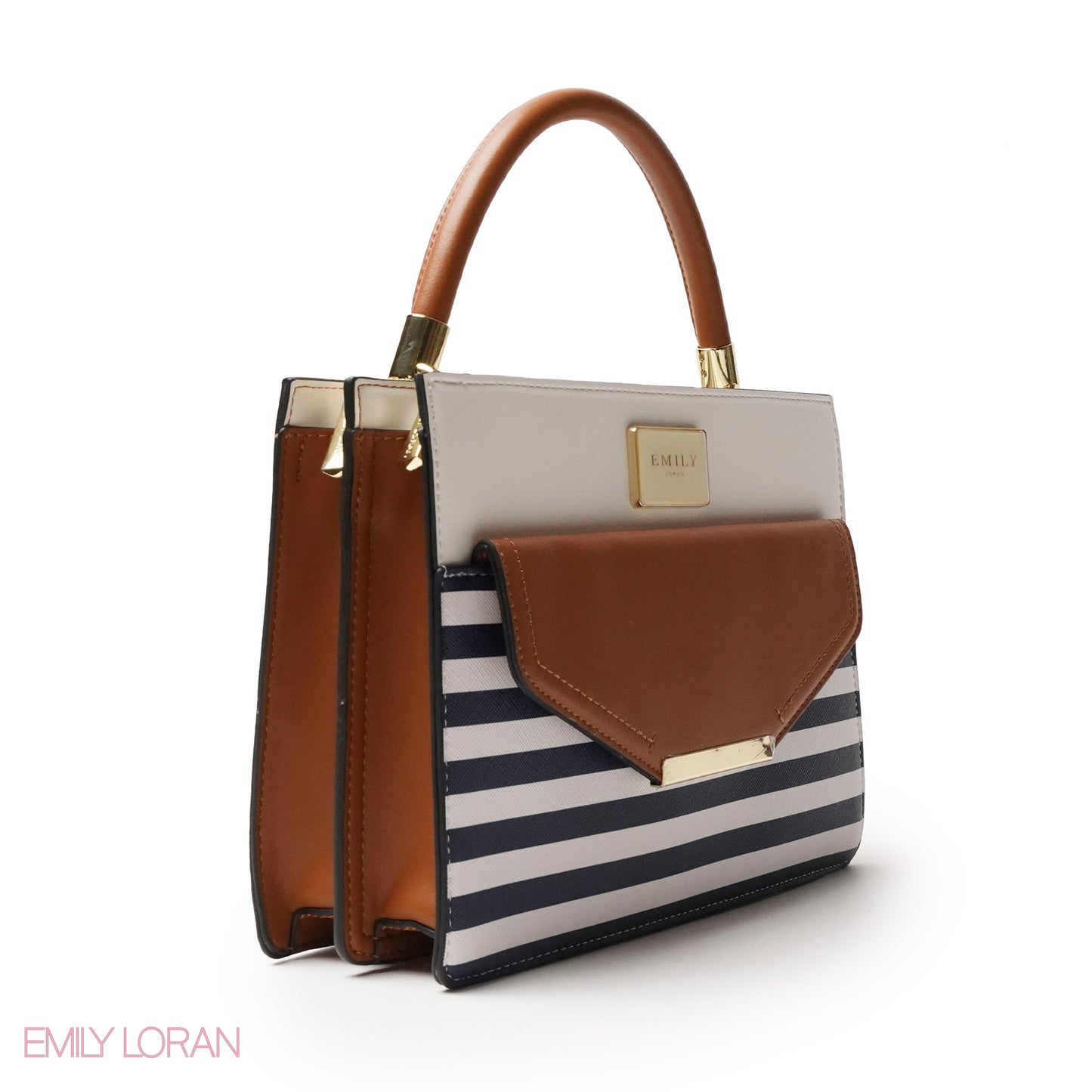 STRIPED NAVY LEATHER HANDBAG WITH FLAP -MED