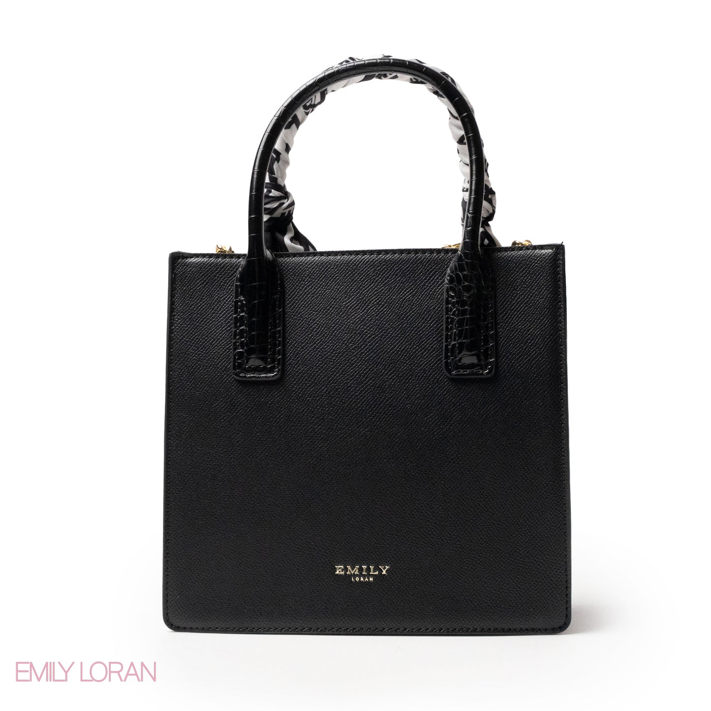 BLACK LEATHER HANDBAG WITH SILKY SCARF, METAL CHAIN - MED