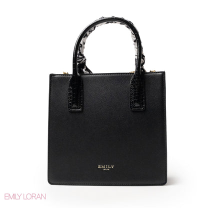 BLACK LEATHER HANDBAG WITH SILKY SCARF, METAL CHAIN - MED