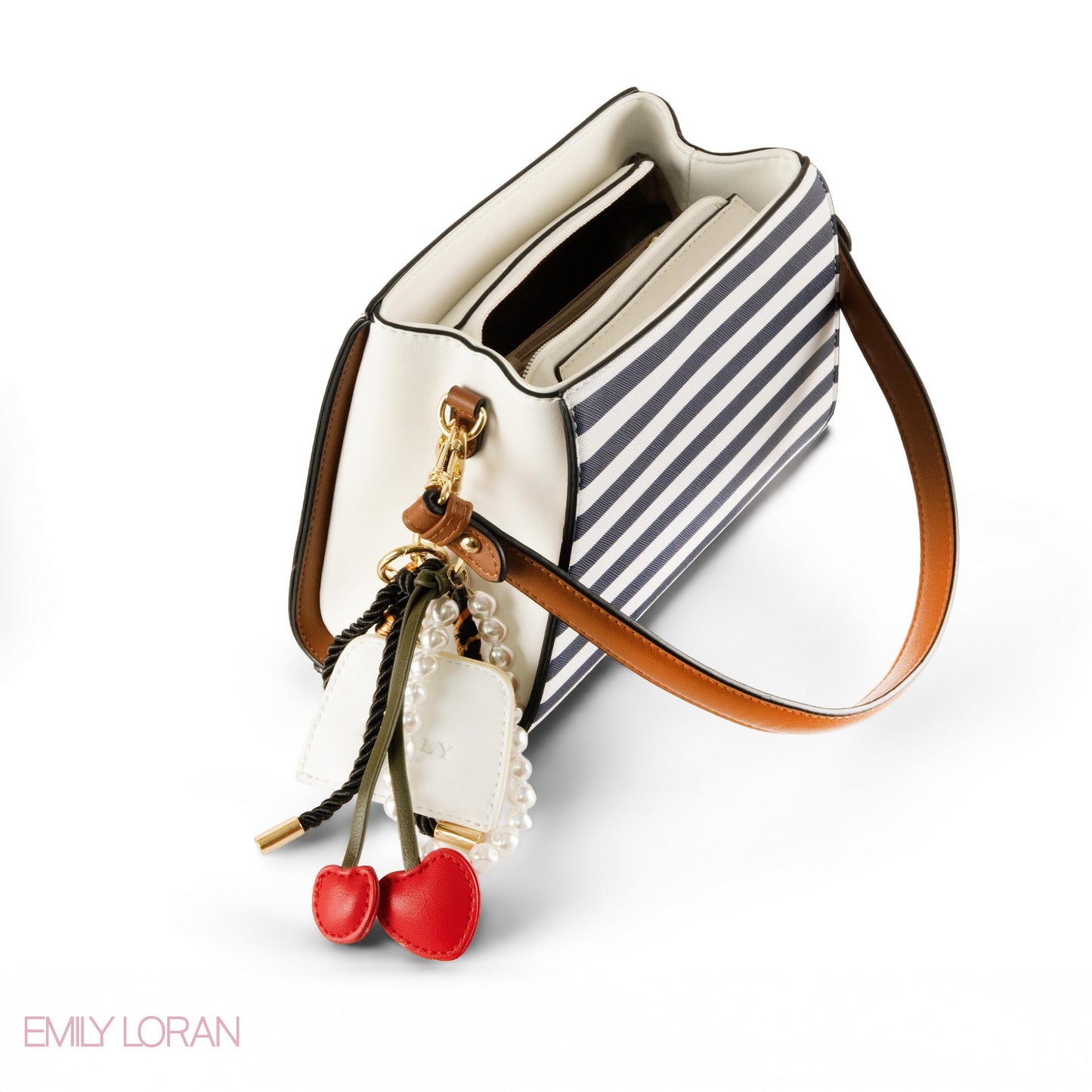 STRIPPED NAVY LEATHER SHOULDER BAG WITH ACCESSORIES- SMALL