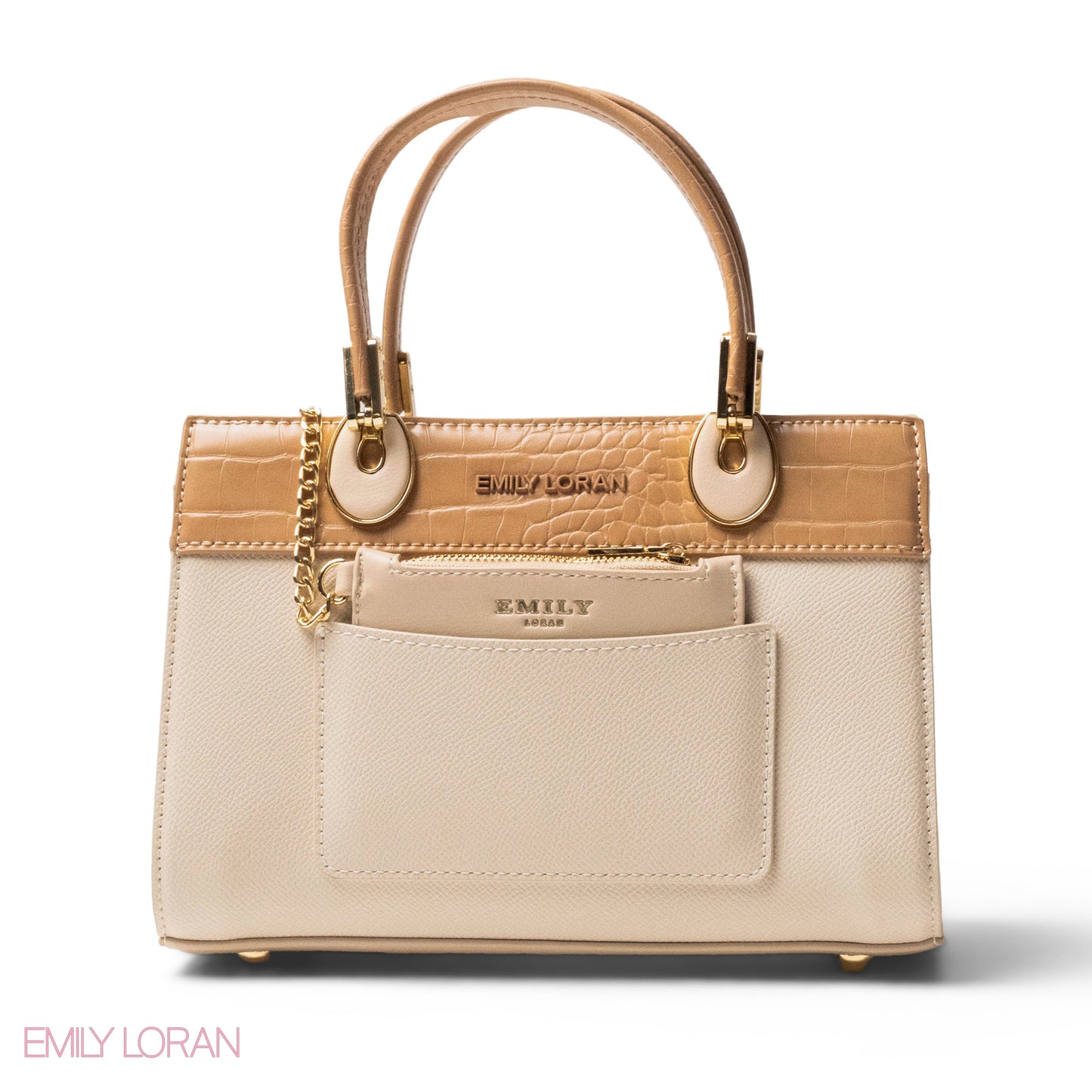 BEIGE LEATHER SMOOTH HANDBAG WITH CROC DETAILS-MED