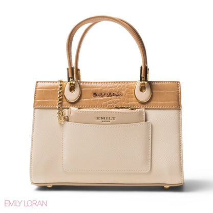 BEIGE LEATHER SMOOTH HANDBAG WITH CROC DETAILS-MED