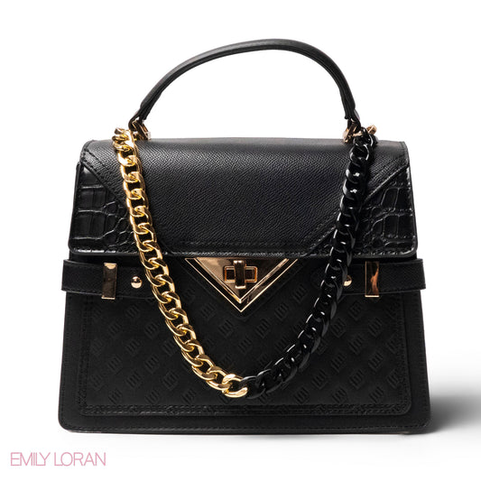 BLACK LEATHER HANDBAG WITH METAL CHAIN ACCENTS-MED