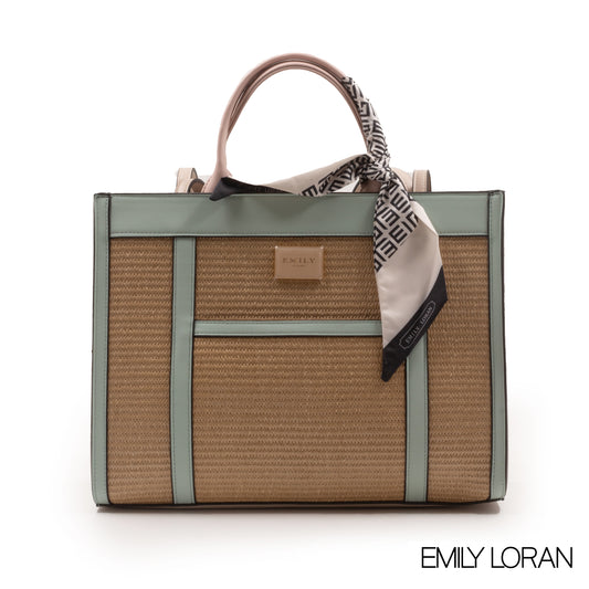 WOVEN STRAW HANDBAG LEATHER ACCENTS WITH SCARF -LARGE