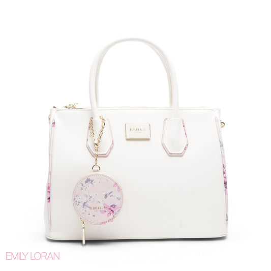 WHITE WITH FLORAL POUCH TOTE - LARGE