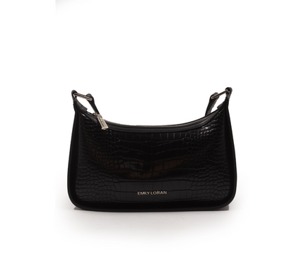 BLACK LEATHER HANDBAG WITH SMOOTH CROC DETAILS-SMALL