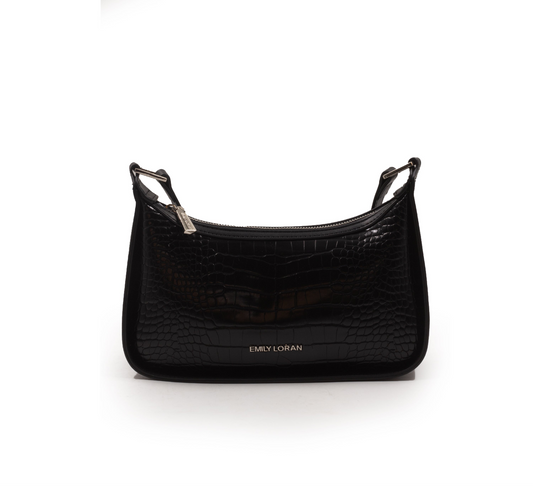 BLACK LEATHER HANDBAG WITH SMOOTH CROC DETAILS-SMALL