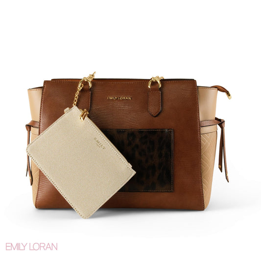 BROWN LEATHER SHOULDER BAG WITH LEOPARD ACCENTS- LARGE