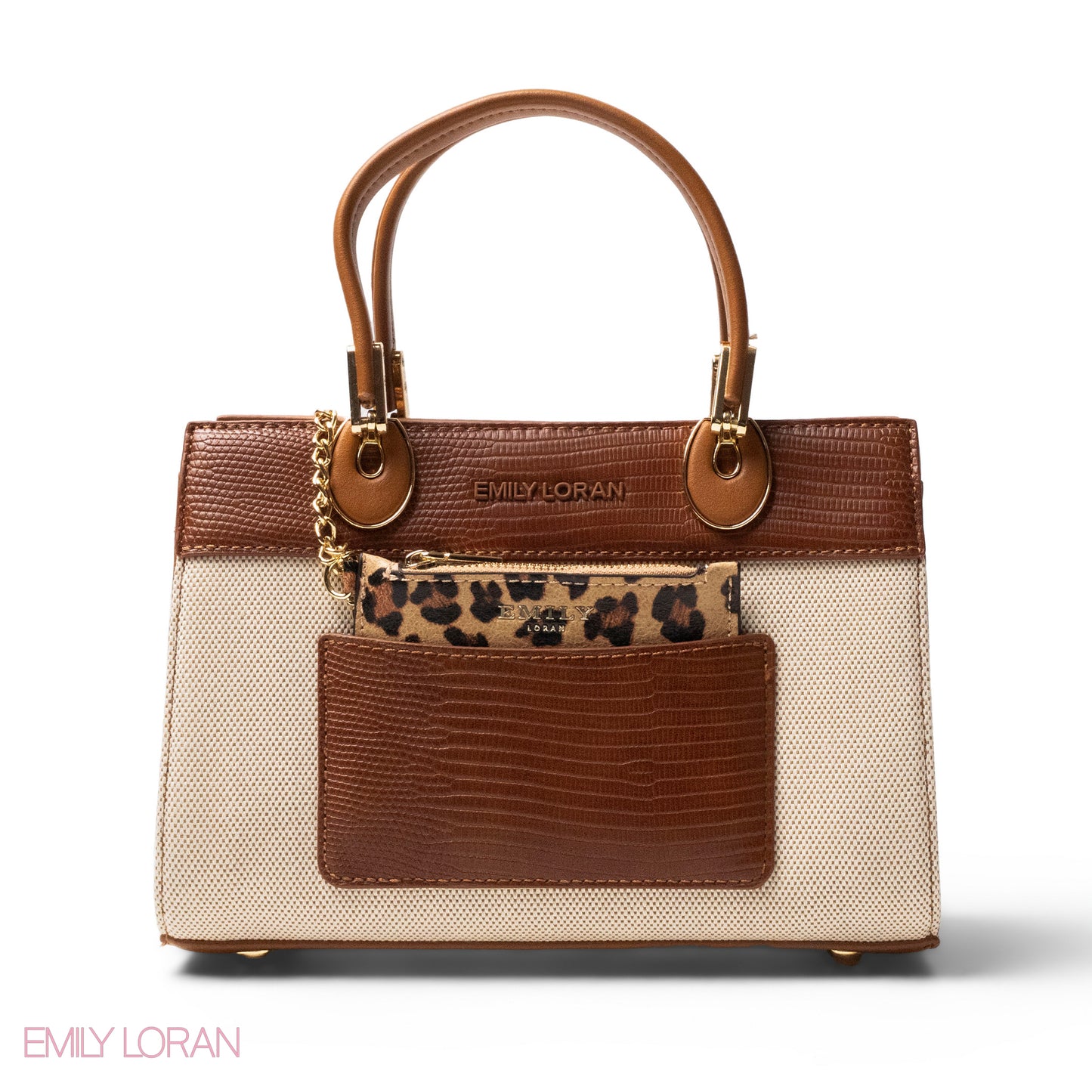 BROWN LEATHER SMOOTH HANDBAG WITH CROC DETAILS-MED