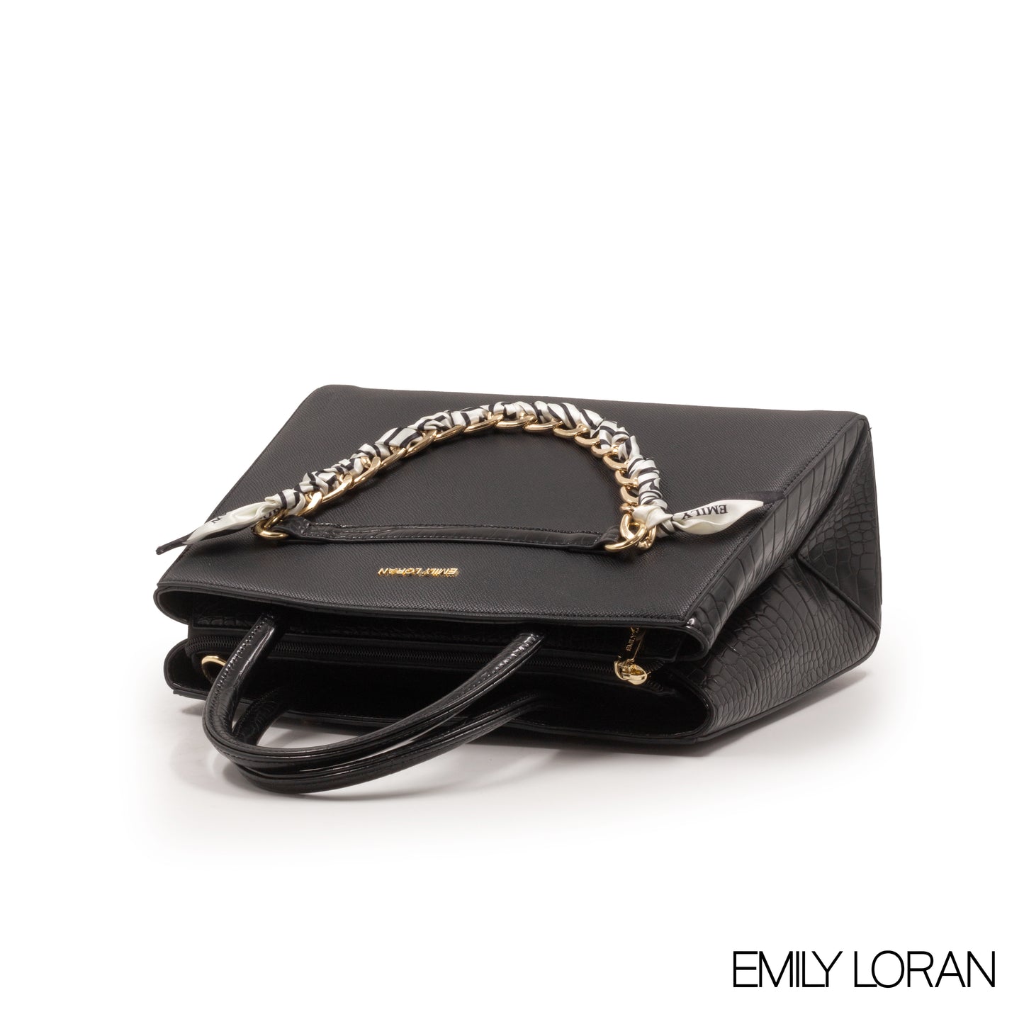 BLACK LEATHER HANDBAG WITH CHAIN DETAIL-MED