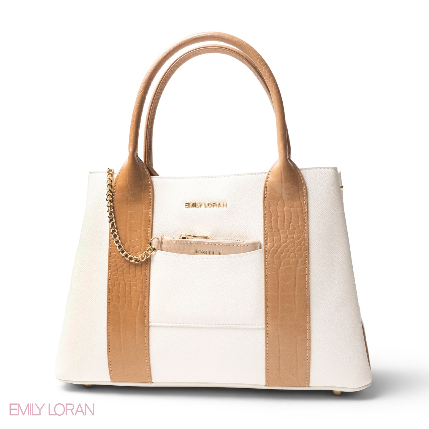 WHITE SMOOTH LEATHER HANDBAG WITH CROC DESIGN -LARGE