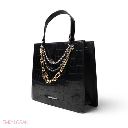BLACK LEATHER HANDBAG WITH METAL CHAIN ACCENTS - MED