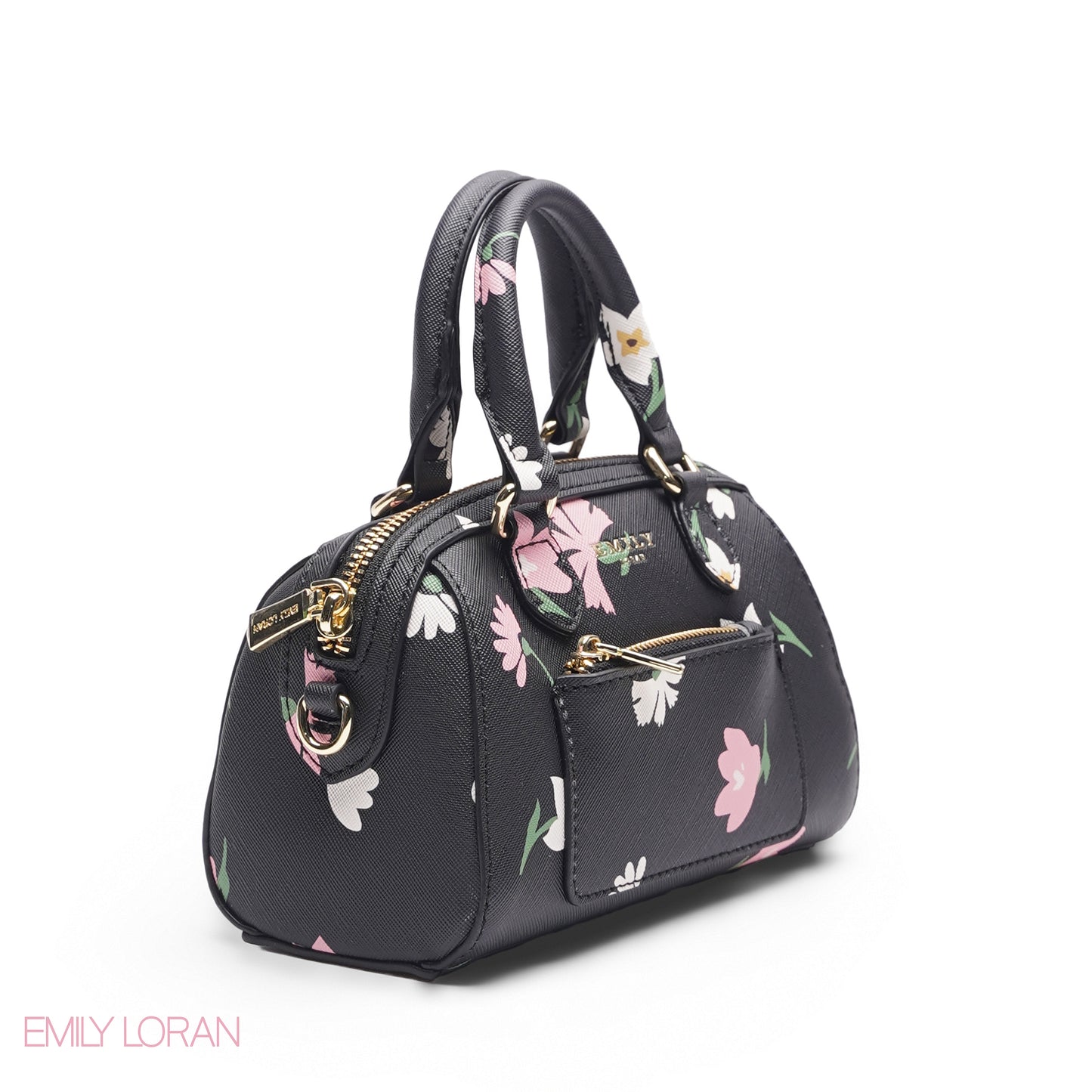 BLACK FLORAL BAG WITH FRONT POUCH & GOLD CHAIN