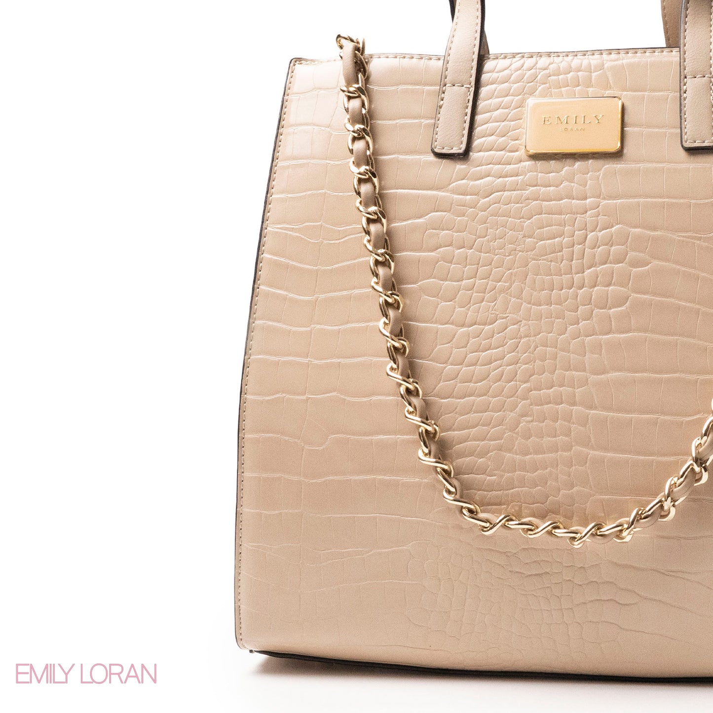 BEIGE CROCODILE LEATHER HANDBAG WITH METAL CHAIN - LARGE