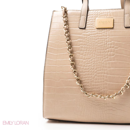 BEIGE CROCODILE LEATHER HANDBAG WITH METAL CHAIN - LARGE