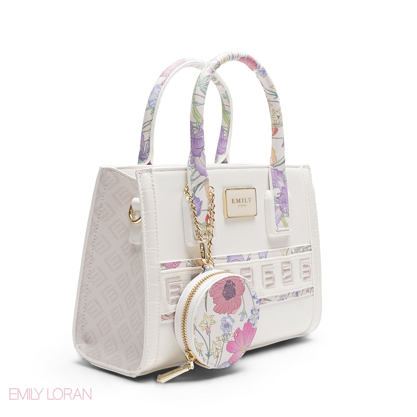 WHITE EMILY FLORAL ACCENT TOTE BAG WITH LOGO STRAP - MED