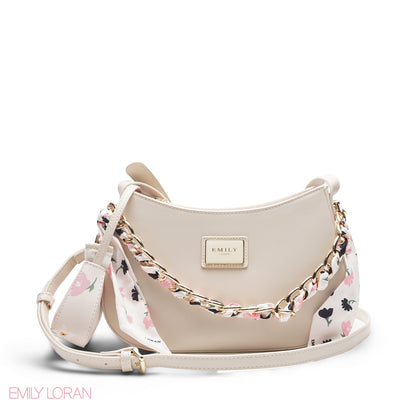 BEIGE WITH FLORAL MINI BAG & SCARF - MED