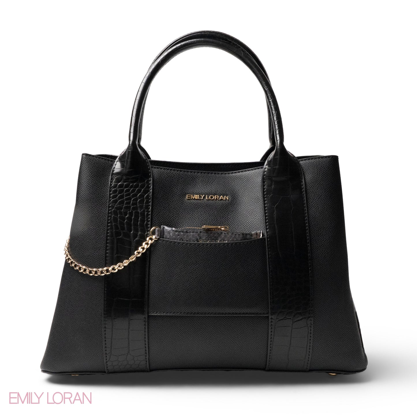 BLACK SMOOTH LEATHER HANDBAG WITH CROC DESIGN -LARGE