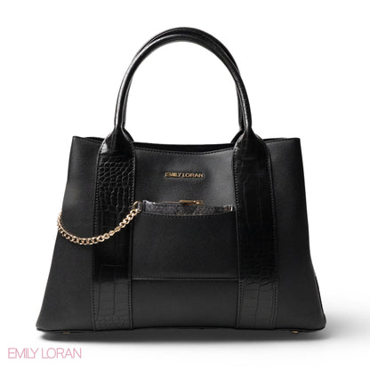 BLACK SMOOTH LEATHER HANDBAG WITH CROC DESIGN -LARGE