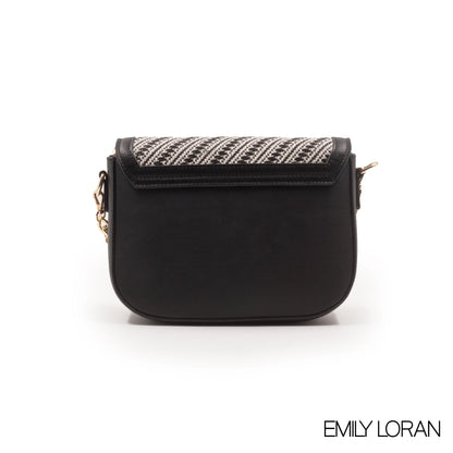 BLACK WOVEN FABRIC CROSSBODY BAG WITH METAL CHAIN-SMALL
