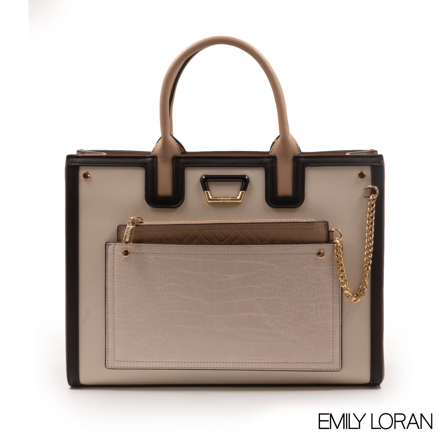 BEIGE LEATHER EMILY LORAN HANDBAG WITH METAL CHAIN-LARGE